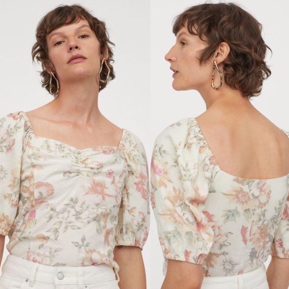 H&M Sweetheart Neckline Linen Blend Dainty Top Floral Puff Sleeves size 6 S/M